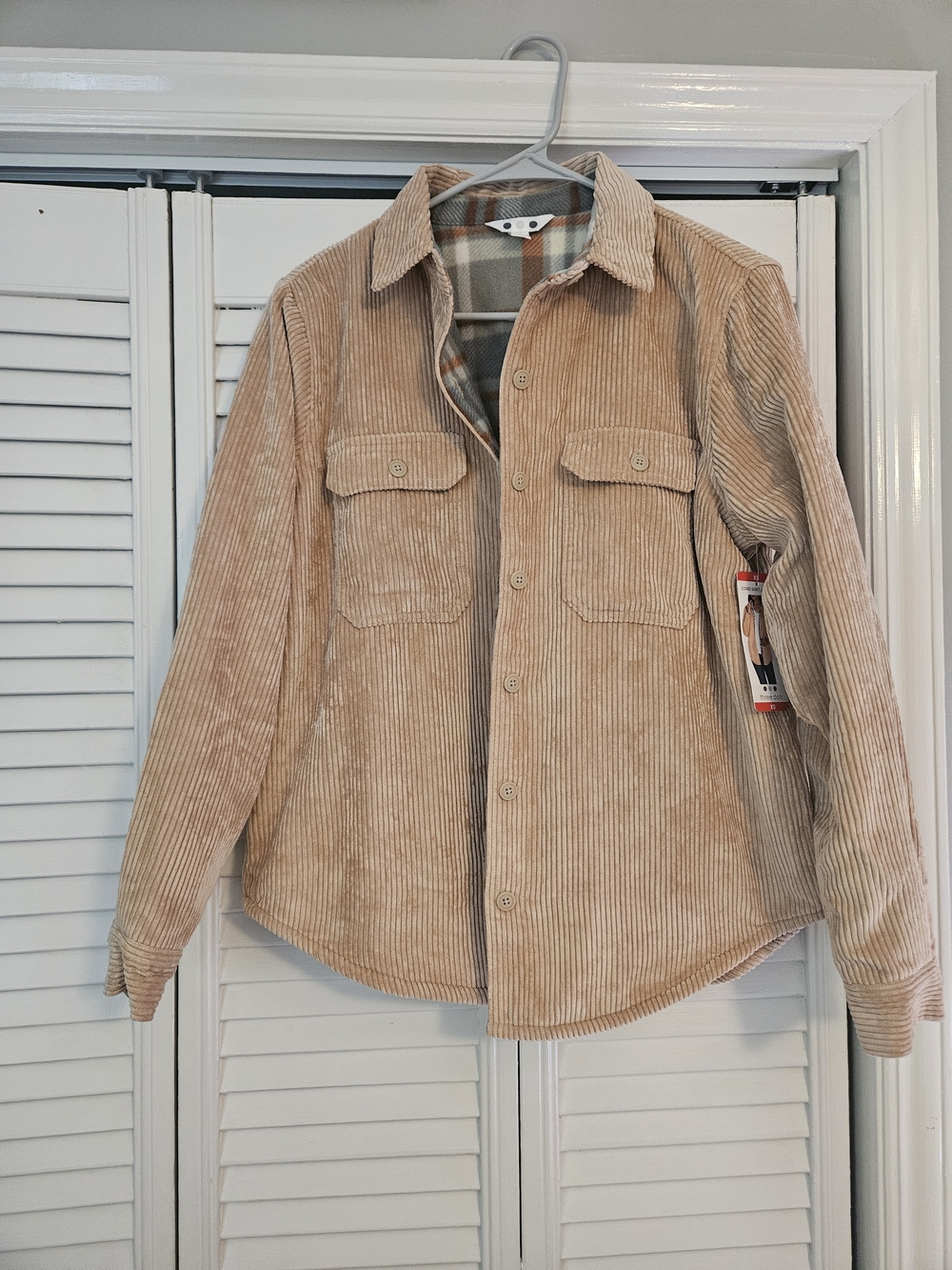 three dots Corduroy Button-Up Shacket in Light Tan, Fleece lined, XS NWT